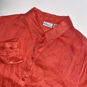 Kim Rogers Women Coral‎ Linen Button Down Shirt Size Large Long Sleeve